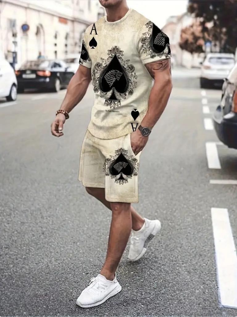 Summer 2 Piece Outfit Male 3D Color Block Print Short Sleeve T-Shirt ShortsSets Outdoor Men's Clothing Tracksuit