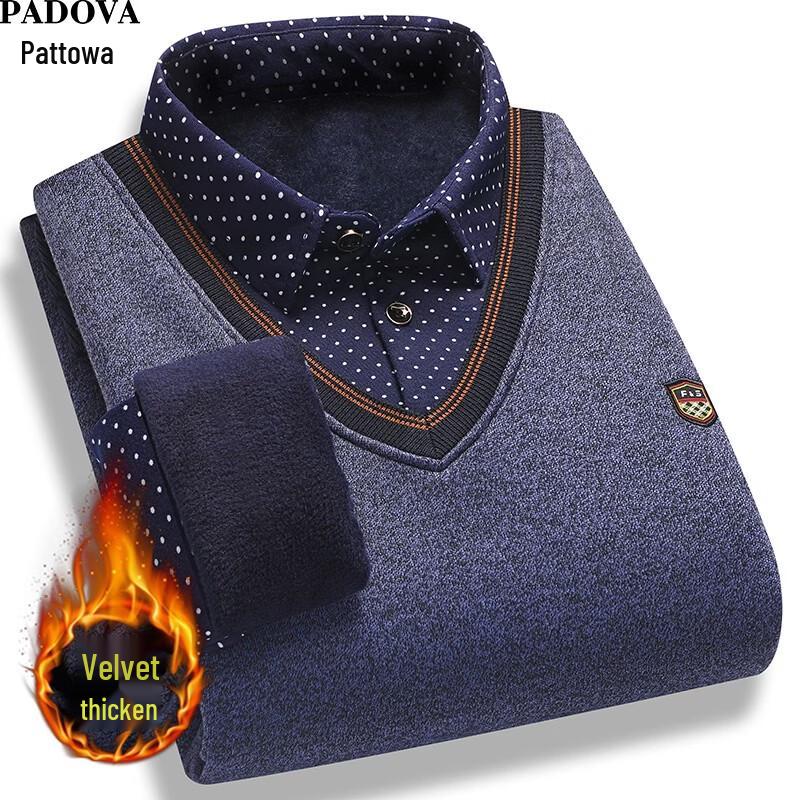 Patowa Men's Faux-Two-Piece Polo Collar Fleece-Lined Casual Shirt Jacket
