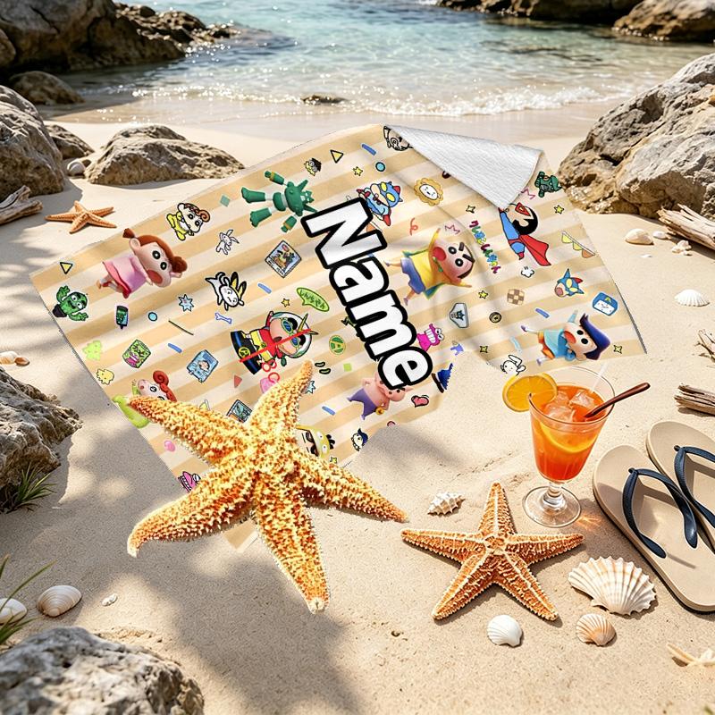 Custom Name Personalized Crayon Shin Print Beach Towel, for Trip Camping Beach Party Home Decor, Birthday Gift for Family & Friends