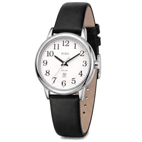 BUREI Womens Watch Made Japan Quartz Stylish Waterproof Date Leather Strap Simple Lightweight Casual (White)