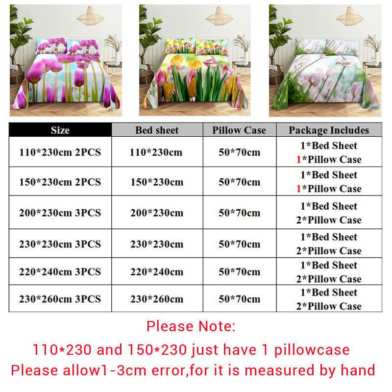 Tulip Bed Sheets Set with Pillows Case Flowers Bedsheet with Pillowcase 2 PCS 3PCS for Single Double Beds King Full Twin Size