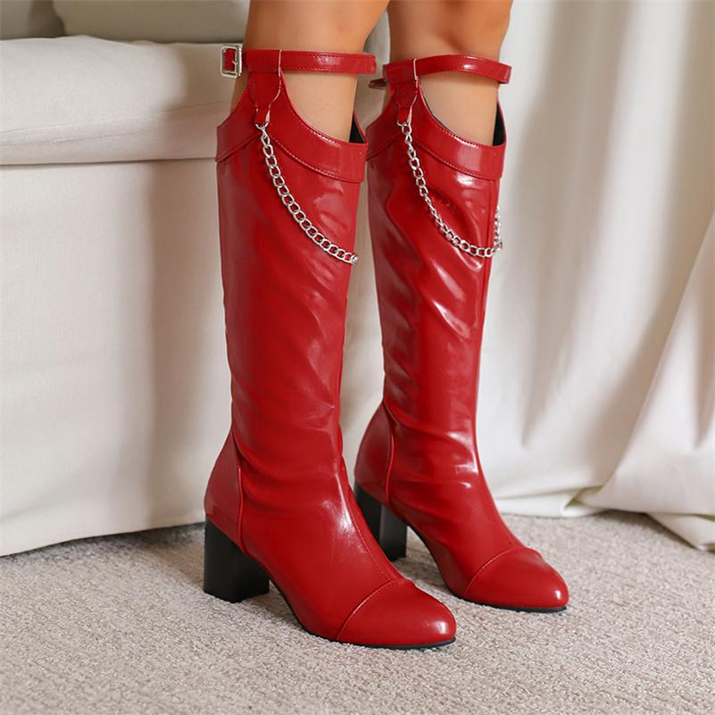 FOREADA Women Knee High Boots Round Toe Chunky High Heels Chain Buckle Zipper Long Boots Ladies Fashion Shoes Autumn Winter 46