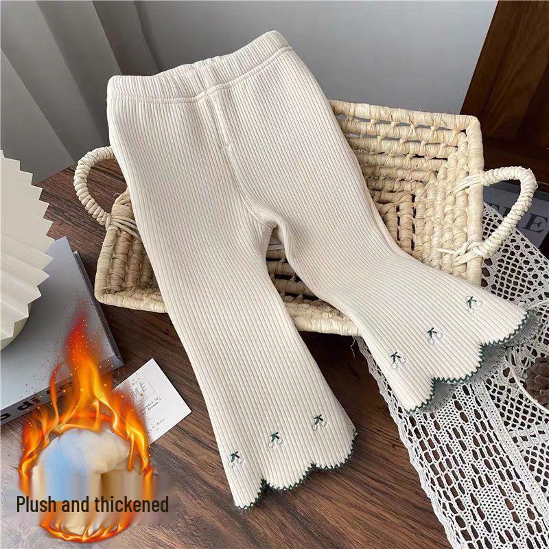 Girls' Velvet Bell-Bottom Pants - Cozy Autumn/Winter Korean-Style Trendy Warm Long Pants