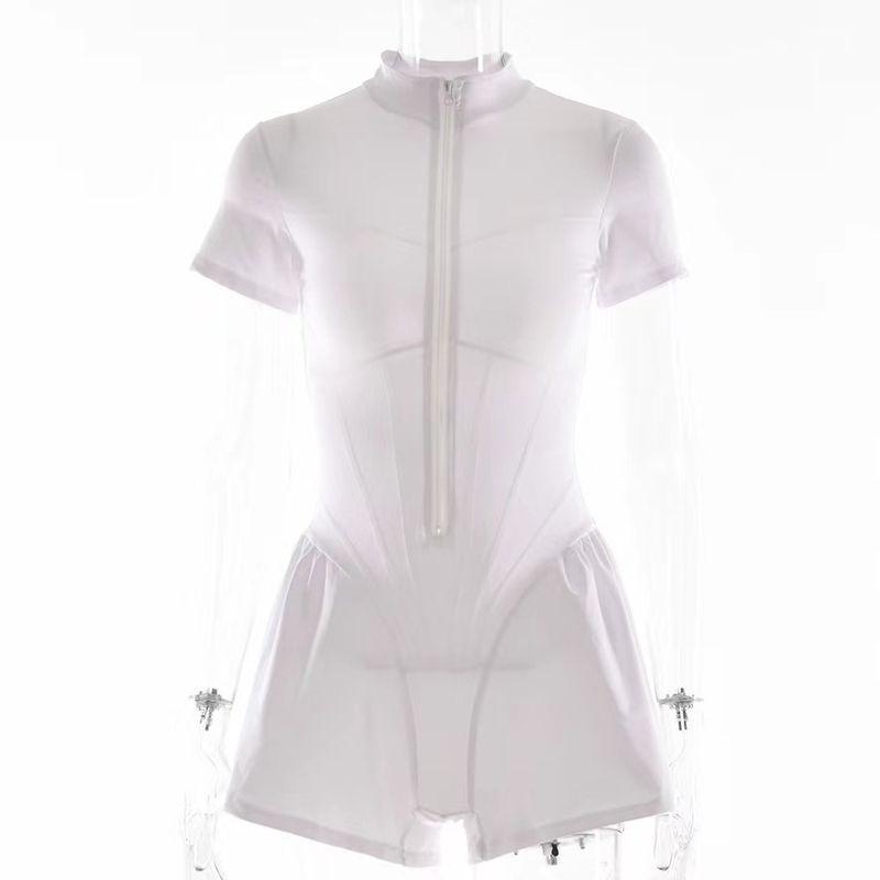 

Western Style Sexy round Neck Short sleeve Zip-up Jumpsuit Short Sleeved Zippered Jumpsuit White S