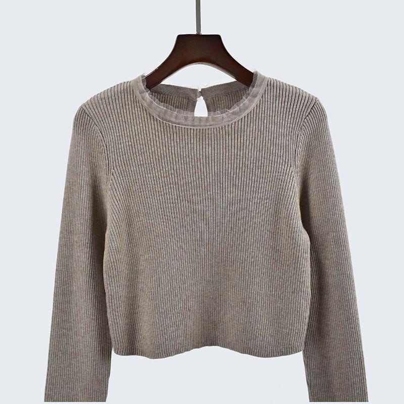Export Cut Label Autumn Short Long Sleeves Knitting Sweater Soft Stretch Pullover Tops Lace Patchwork Women's Bottoming Shirt