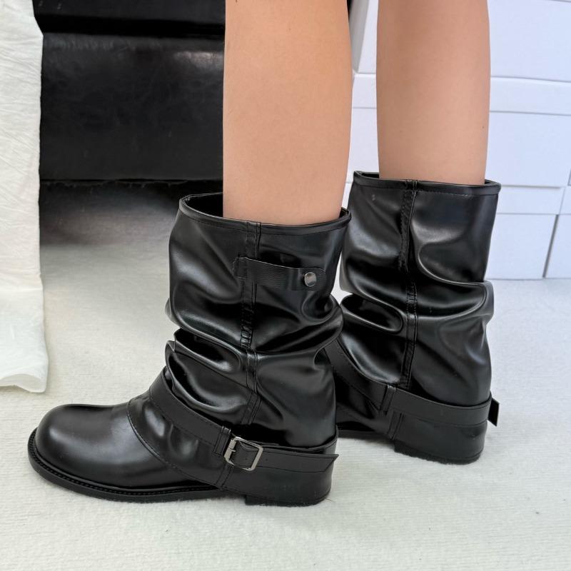 Autumn Maillard retro style round head inner heightening stack boots thick-soled medium tube pleated trouser tube boots women