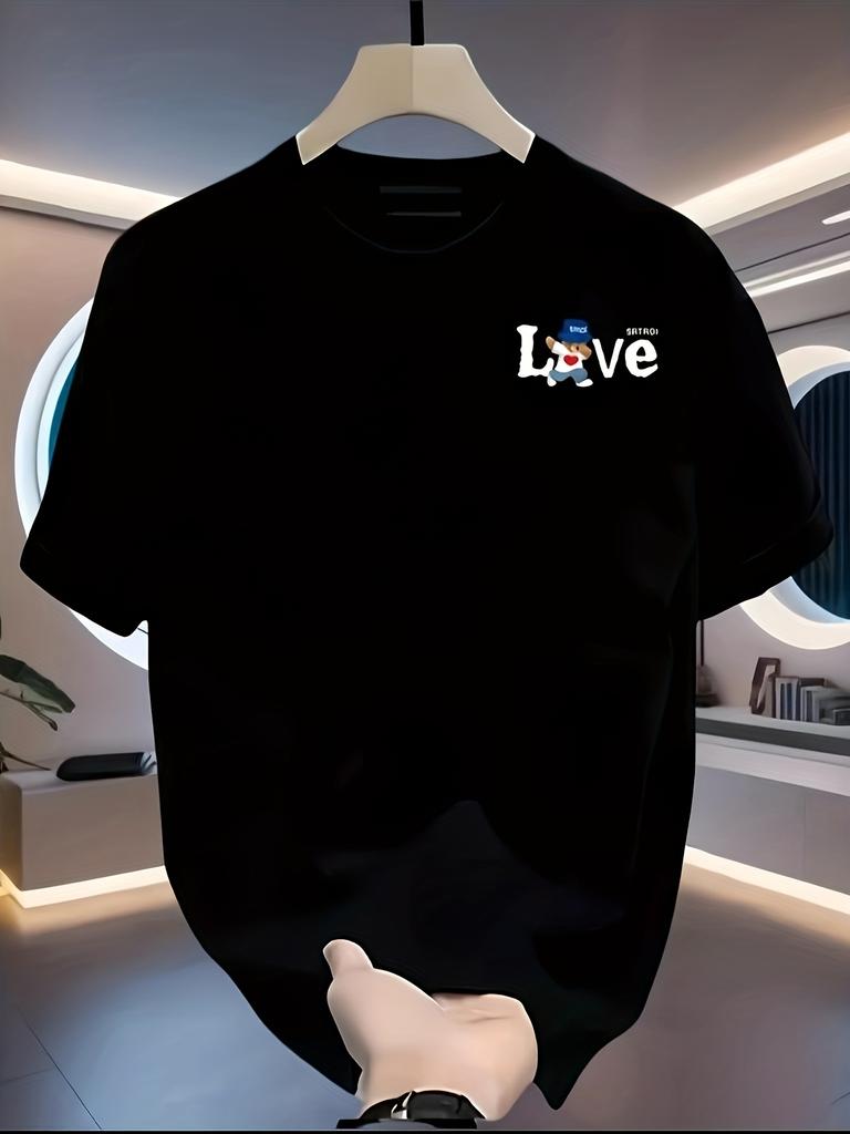 Men's Summer 100% Cotton LOVE Bear Pattern Printed Fashion Sports and Leisure Loose Round Neck Short Sleeve T-shirt Top
