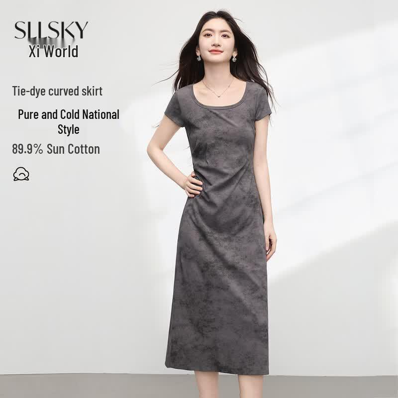 Women s Retro Tie-Dye Square Neck Summer Dress S