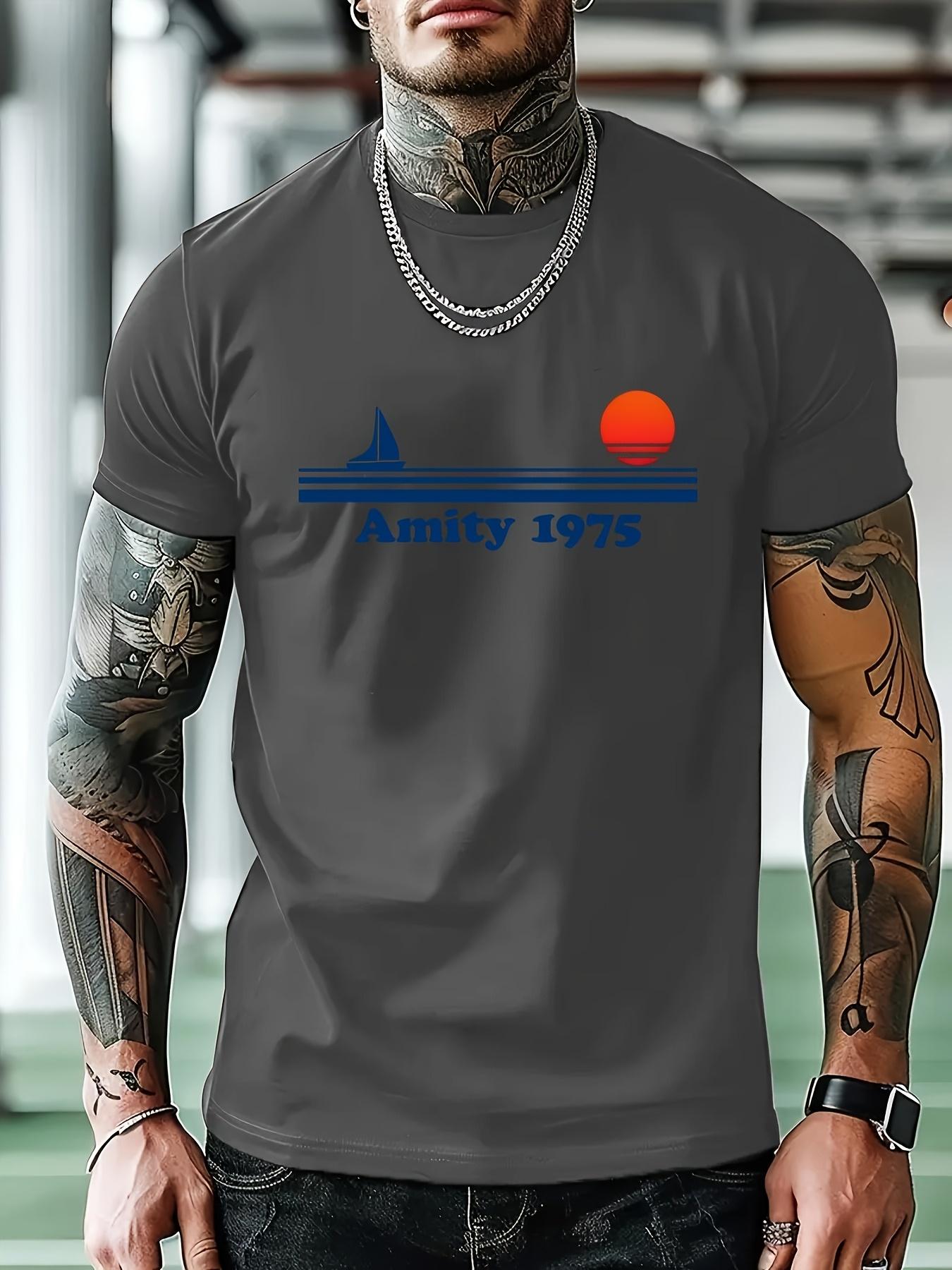 Casual Athletic T-shirt with Amity 1975 Graphic Print L