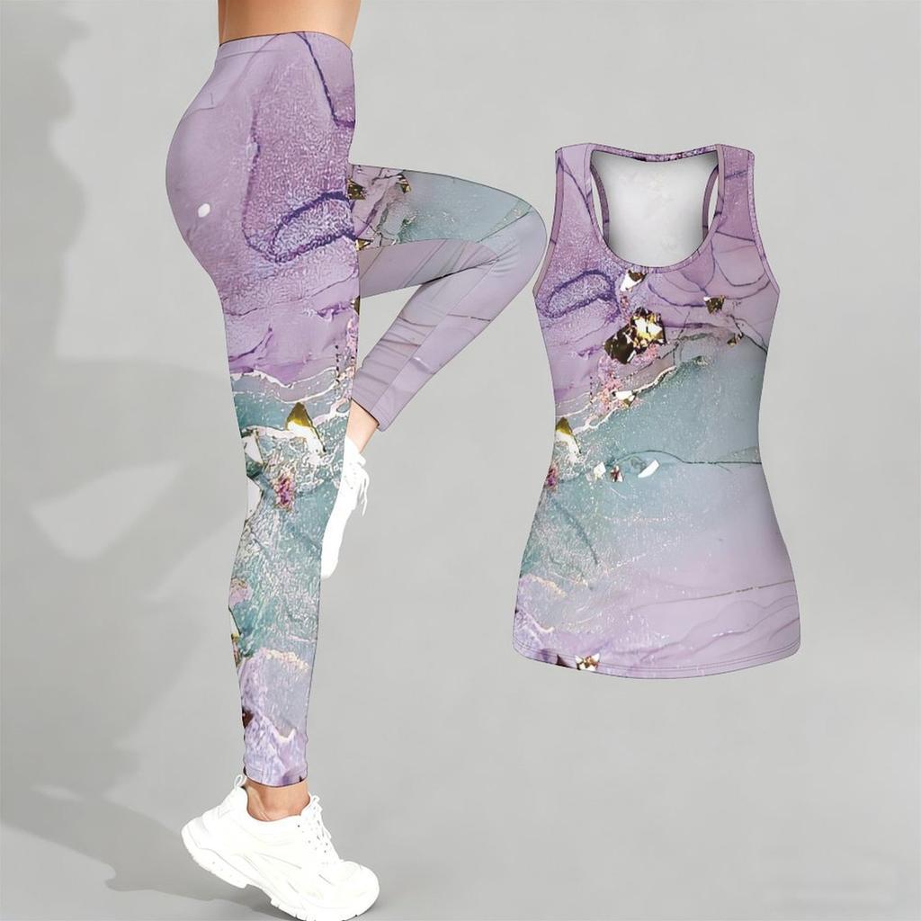 Marble Veining Printed Yoga Outfit for Women Fashion Workout Leggings Fitness Sports Casual Yoga Set Sports Suit