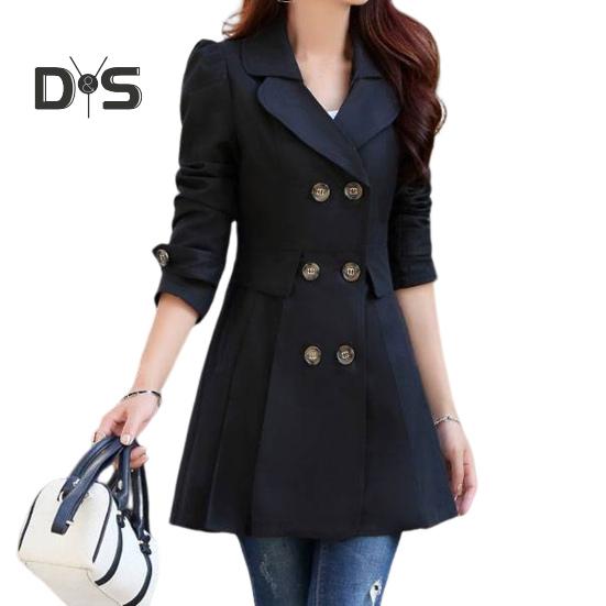 Fall Winter Women Jacket Double Breasted Lapel Mid Length Solid Color Pleated Long Sleeve A Line Tight Waist OL Commute Style Lady Jacket Trench Coat