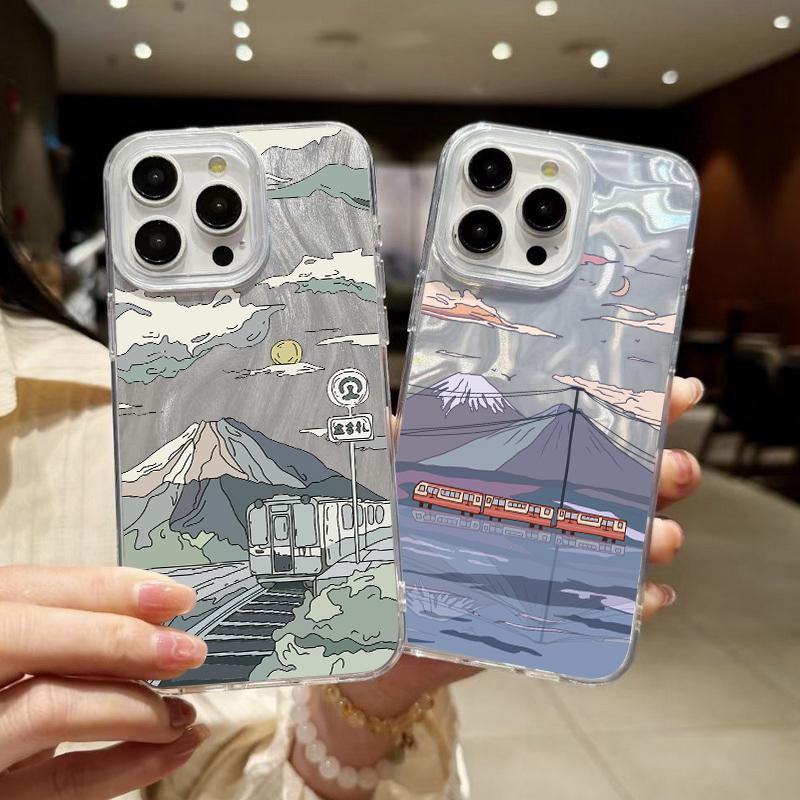 Cartoon Mountain Print Glitter Phone Case For iPhone 16 15 Pro Max 14 Pro 13 12 11 Clear Shockproof Hybrid TPU PC Glossy Slim Cover