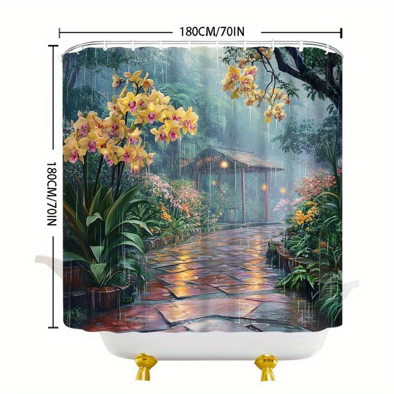 Serene Garden Path Shower Curtain Lanterns Rain Orchids Gazebo Soft Lights Polyester Washable with Hooks Tranquil Decor