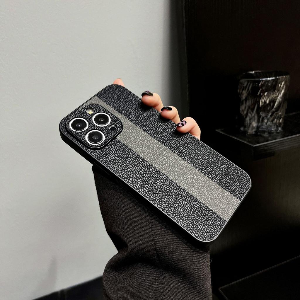 Applicable To Apple 15promax Color-blocking Lambskin Mobile Phone Case IPhone 14 Creative Leather 13 Protection Case