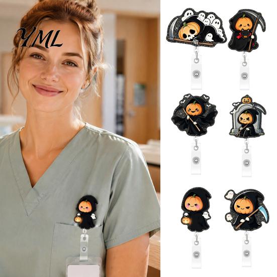 Retractable Badge Holder Halloween Reel, Cute Pumpkin And Grim Reaper Design, Acrylic Party Gift Smooth Pull Cord Clip for Nurse Doctor Teacher