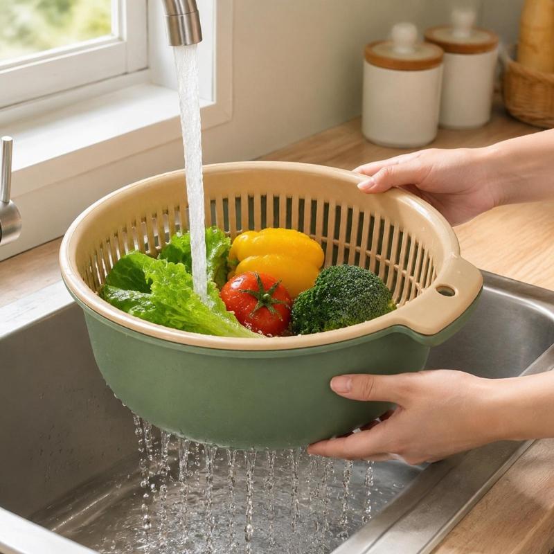 Fruit Washing Colander Bowl Set, Removable Drain Basket and Outer Bowl for Rinsing Produce, Legumes and Rice at Sink