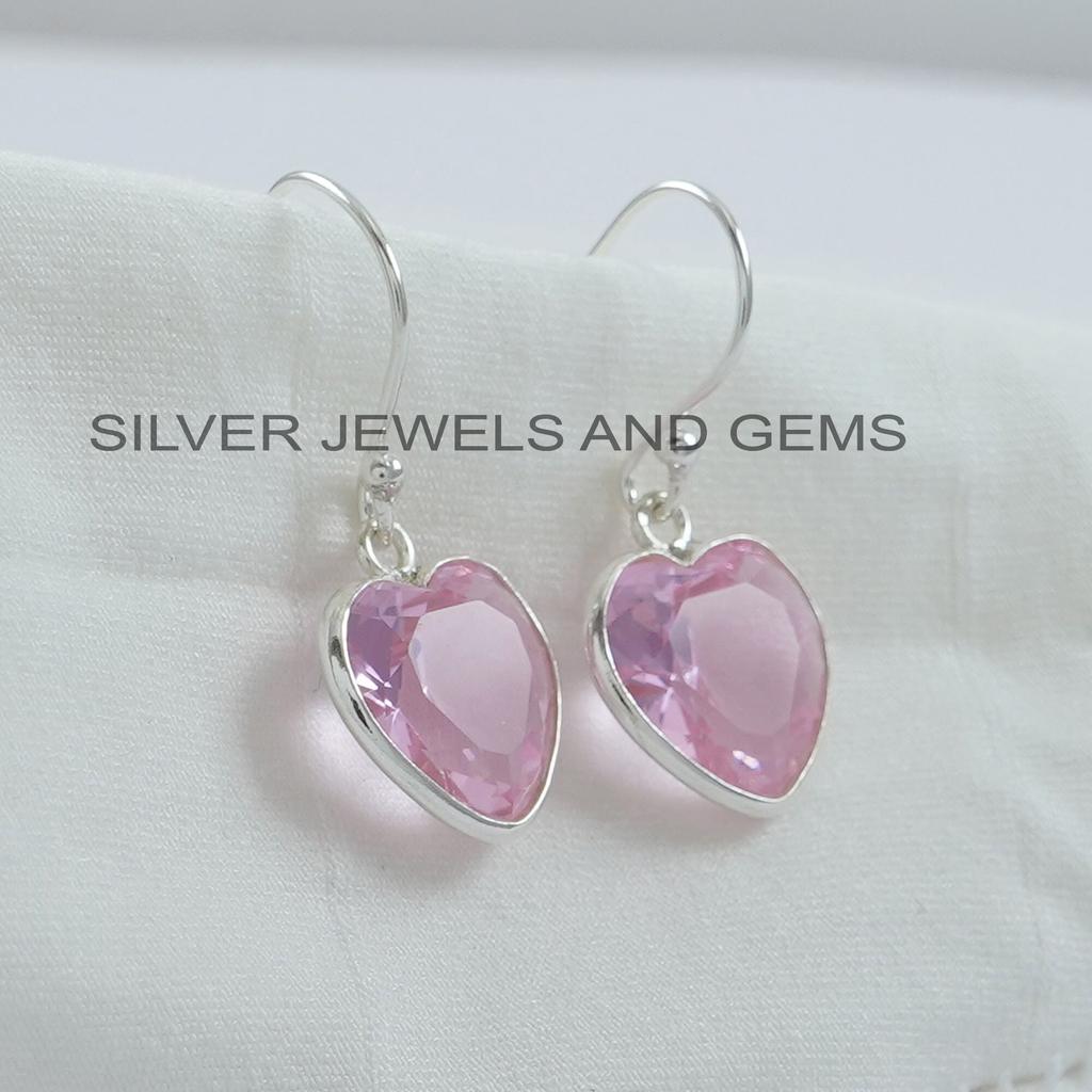 Pink Quartz Earring, 925 Sterling Silver, Heart Shape Earring, Handmade Earrings, Pink Gemstone Earrings, Anniversary Earrings, Gift for Her