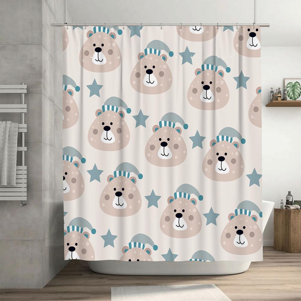 Cute Bear Pattern Shower Curtain For Home Decoration Waterproof Bath Accessories White Blue Stripes Design