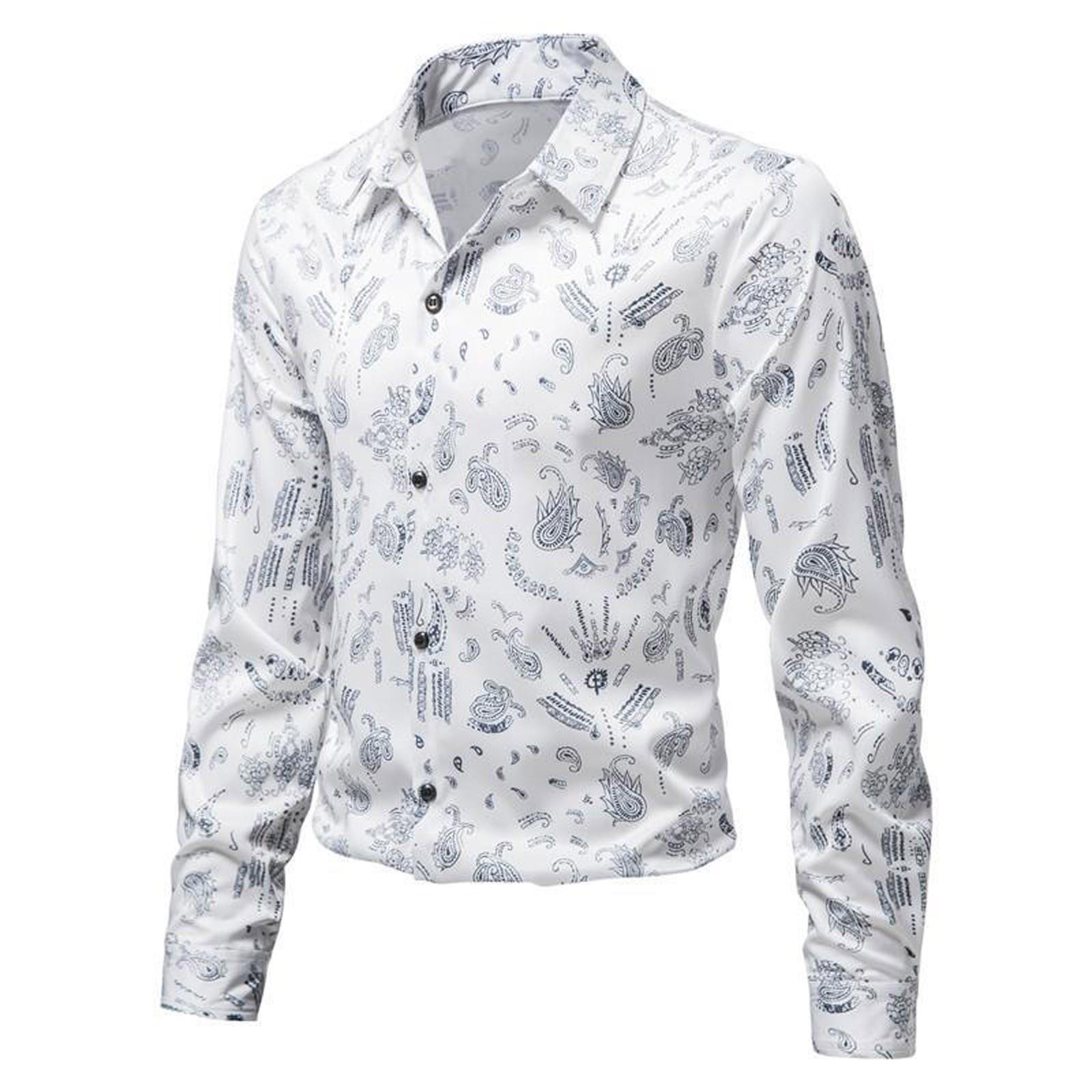 

Мужская мода, повседневная рубашка с длинным рукавом и отворотом с принтом, рубашка, топ, блузка XL белый