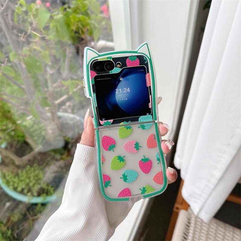 

Чехол для Samsung Galaxy Z Flip 6 5 4 3 ZFlip6 Z Flip6 ZFlip 6 Милые фрукты Клубничный браслет Кошачьи ушки Противоударная крышка For Z Flip 5