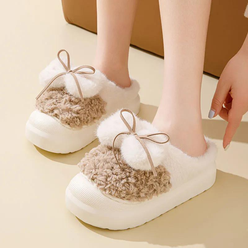 WTEMPO Soft Plush Women's Autumn Winter Bow Slippers Couple Thick Heel Non-slip Indoor Warm Cotton Slippers