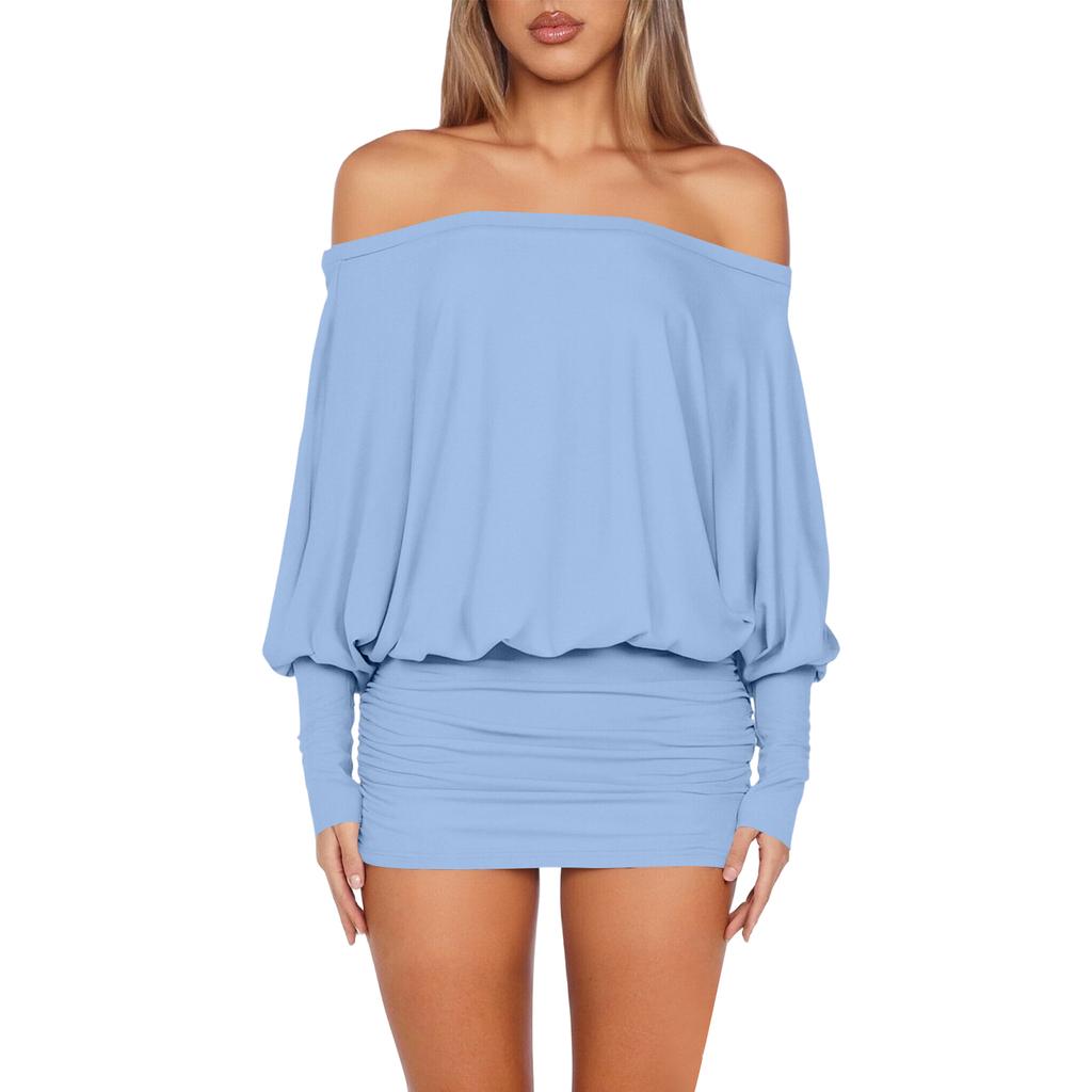 Mini Abito da Donna Scollo a Barca Manica Lunga Casual Vestibilità Larga Pullover Elasticizzato Bodycon