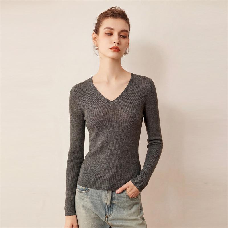 Women's Cross V-Neck Striped Wool Knit Pullover, Slim-Fit Base Layer for Autumn/Winter