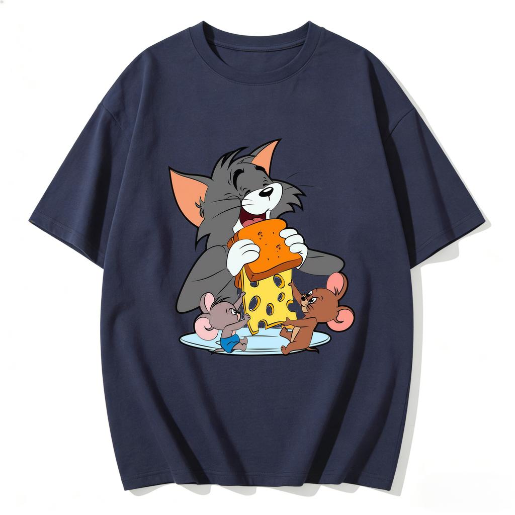 2026 New Tom Jerry Print Tshirt Casual Loose Couple Family Matching Outfits Short Sleeve Cotton Tee Summer Streetwear Tops Y2k
