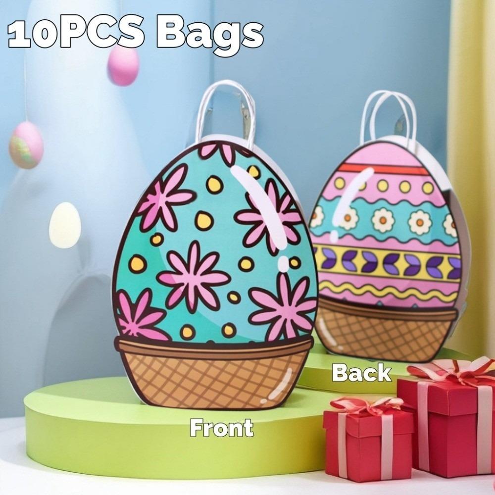 10pcs Colorful Easter Egg Bags Flower Heart Easter Paper Gift Bags Cute with Handles Candy Snacks Present Bags Party Favors