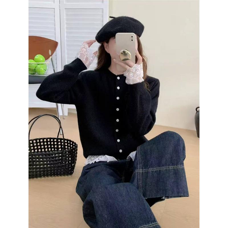Autumn New Knitted Sweater Fashionable Versatile Splicing Lace Top Lace-up Design Cardigan Jacket Women