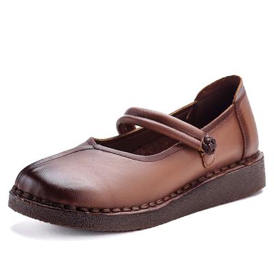 New Autumn Wide Toe Vintage Shoes Women Genuine Leather Strappy Flats Ladies V Neck Moccasins Mother Luxury Thick Sole Flat Shoe