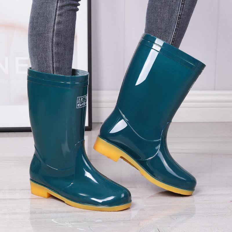 Medium tube four seasons blue women's rain shoes waterproof women's water shoes clean green rubber shoes labor protection rain boots wading shoes