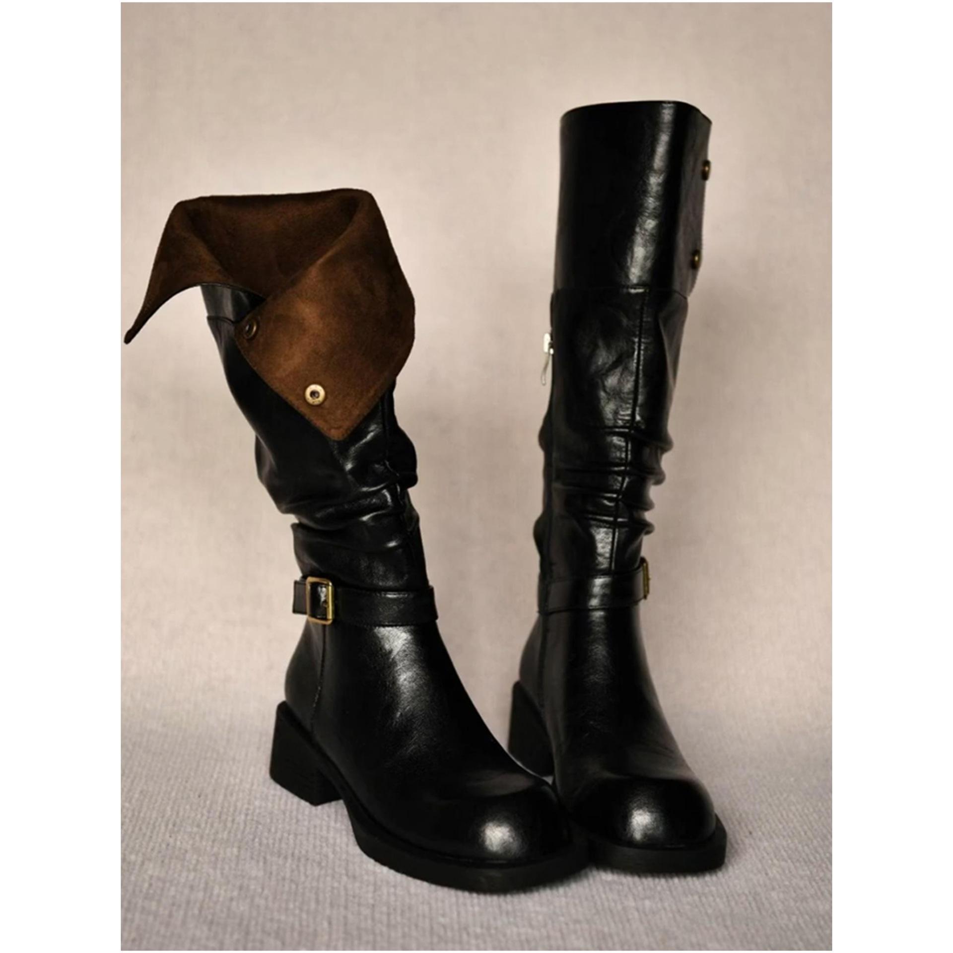 

Версия из коровьей кожи~ Круглый носок, толстый каблук, металлическая пряжка, два способа носки, лацкан, высокие сапоги-рыцари, женские тонкие коричневые сапоги с наборным каблуком 40