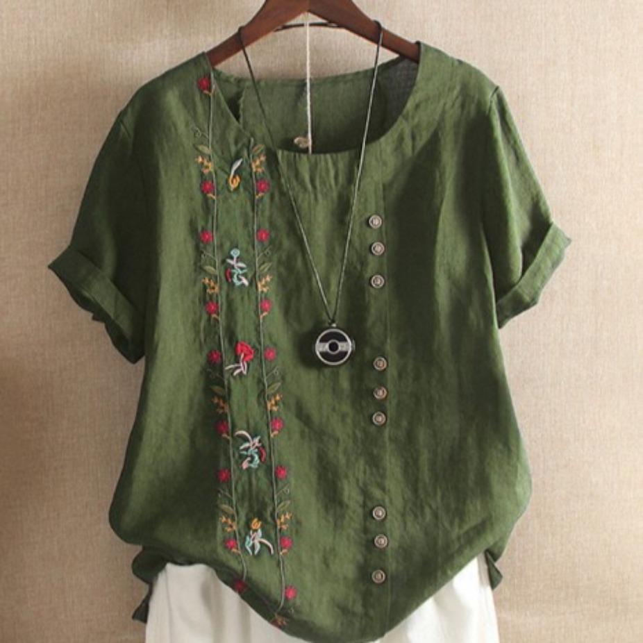 Camiseta de talla grande para mujer, blusa bordada de lino y algodón, camisetas de manga corta con botones, Top de verano, ropa para madre