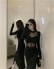 Spring Mesh Splice Long Sleeve Dress - Sexy Hip-Length Slit Skirt
