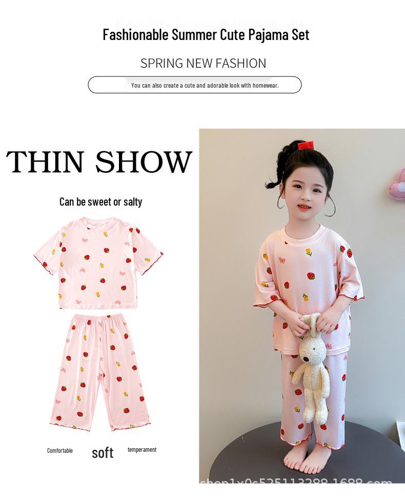 Girls' Summer Modal Pajamas - Cartoon Princess Style, Three-Quarter Sleeves. Perfect Air Conditioning Home Wear for Kids.