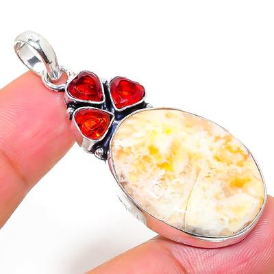 Φυσικό Απολιθωμένο Κοράλλι, Γρανάτης Λίθος 925 Ασήμι 925 Κρεμαστό 2.09" Q7q06