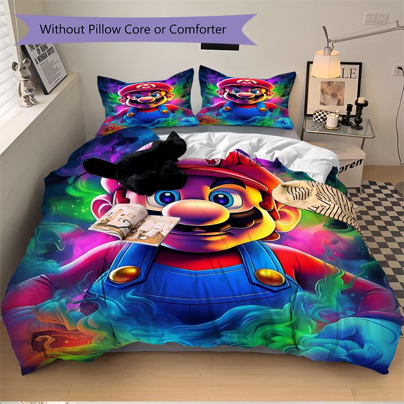 3pcs Colorful Super Mario Bedding Set - Includes 1 Quilt Cover and 2 Pillowcases, Comfortable Bedding with Stylish Design for Bedroom, Machi