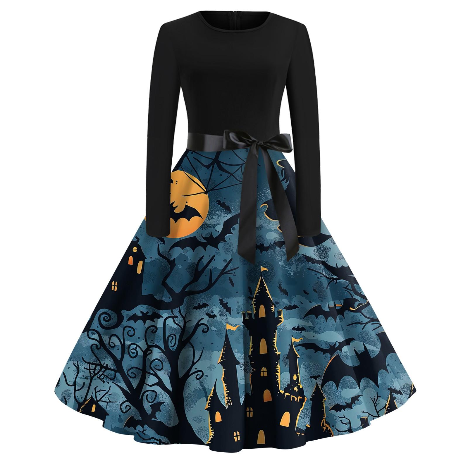 Платье-клеш с принтом на Хэллоуин для женщин с длинным рукавом — фото 6
