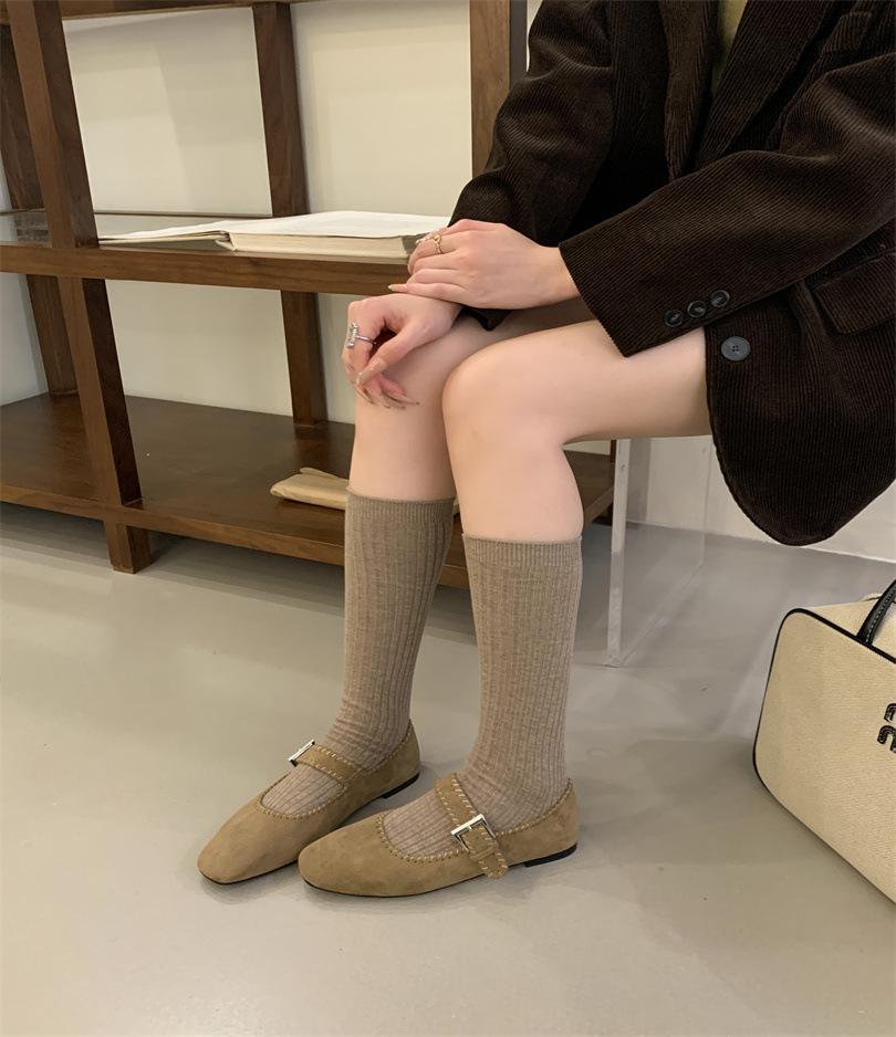 

Retro woven suede square head word with shallow mouth gentle evening breeze flat bottom Mary Jane single shoes women 39 абрикосовый