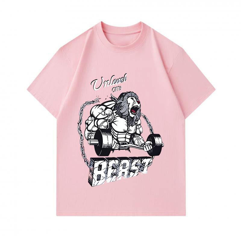 Men's 100% Cotton Crew Neck Short Sleeve T-Shirt, Unleash The Beast Muscular Lion Weightlifting Print Casual Fitness Workout Top