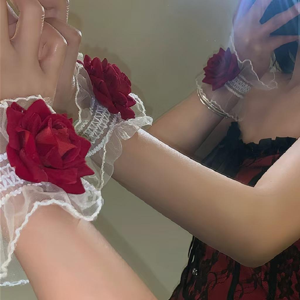 

Lolita Red Stereo Rose Flower Bracelets for Women Dark Halloween Party Gothic Lace Wristband Accessories Romantic Jewelry Gifts