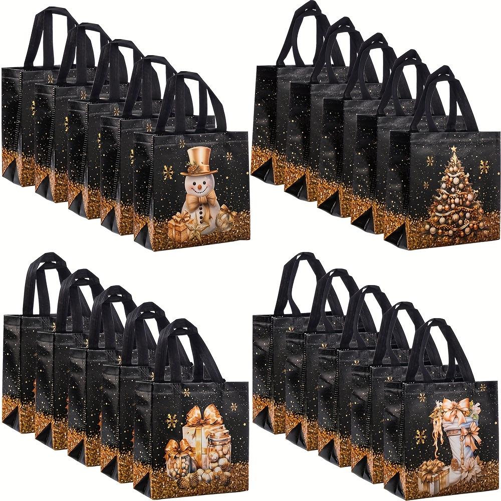 20pcs Festive Christmas Gift Bags - Snowman, Tree & Stocking Design, Black Handles, Non-Woven Tote Bags for Holiday Parties, Christmas Gift Bags