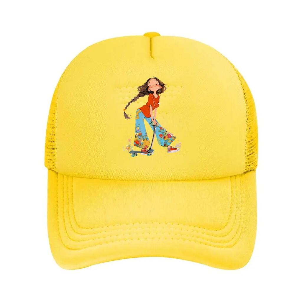 Cute Girl With Braid Scooter Floral Pants Graphic Mesh Baseball Cap For Womens Unisex FeUnisex Beach Dad Hat Hip Hop