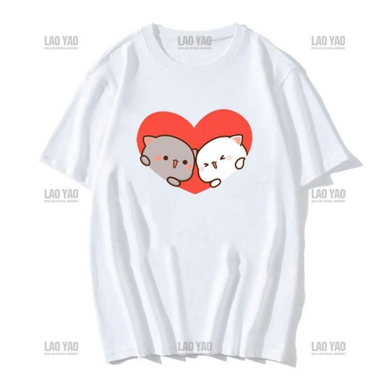 Słodka brzoskwiniowa kotka z kreskówkową parą nadrukowaną koszulką unisex szara wysłana kwiaty do brzoskwiniowej koszulki nowy styl miłośnicy ubrań casualowa koszulka