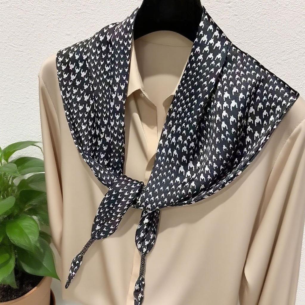 Silk scarf women's spring and autumn Korean version versatile black triangular scarf triangular shawl with knotted scarf scarf women's waist seal