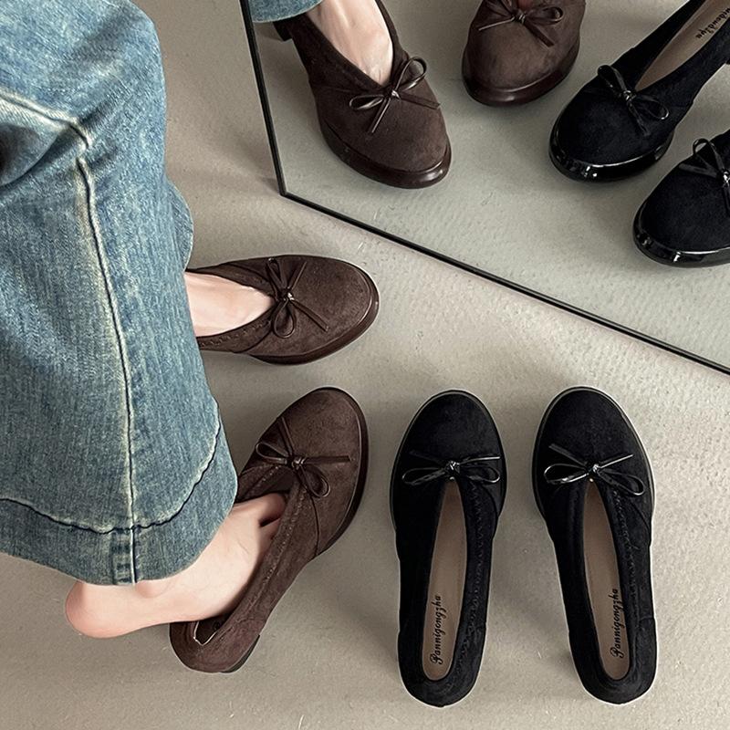 Retro Temperament, Socialite Style, Lady Pedal High Heels, Autumn Suede Bow Thick Heel Mary Jane Single Shoes