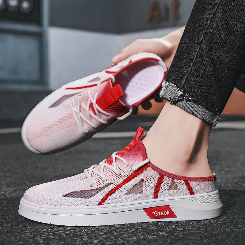 Trendy shoes summer semi-drag breathable fly-woven board shoes Korean version of casual trendy men's one-pedal lazy shoes outdoor men's shoes