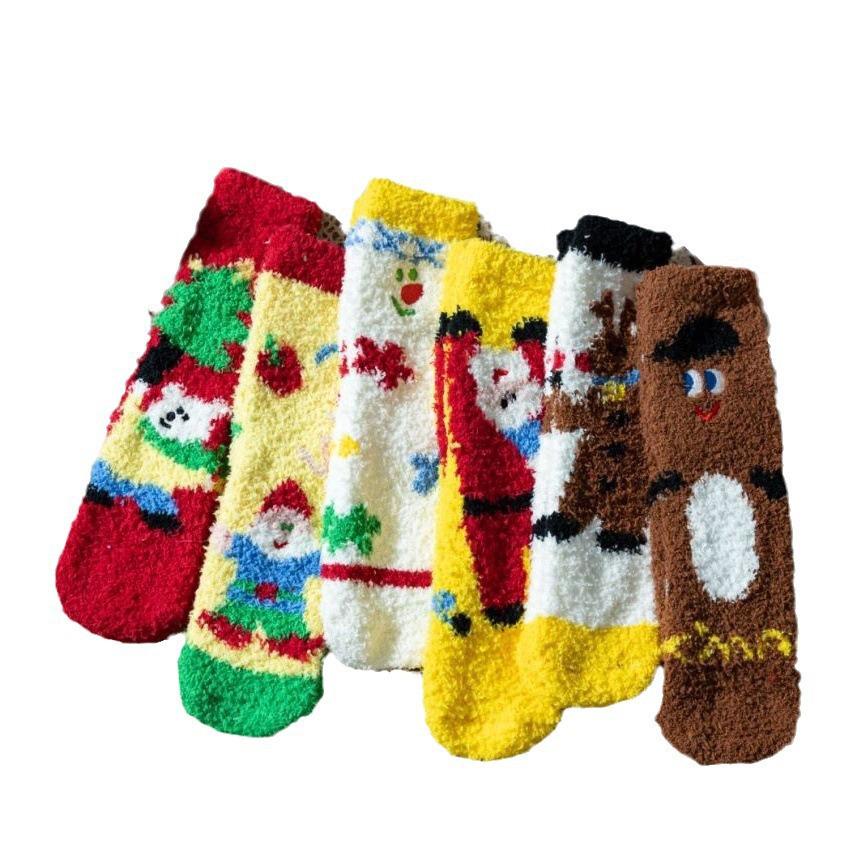 2024 Autumn/Winter Kids' Coral Fleece Christmas Embroidered Warm Cartoon Floor Socks