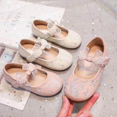 2024 New Girls Mary Janes Chinese Style Fashion Children Leather Shoes Butterfly Embroidery Simple Round-toe Kids Casual Shoes